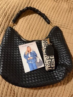 Modern+Chic Black Woven Shoulder Hobo with Patterned Detachable Strap